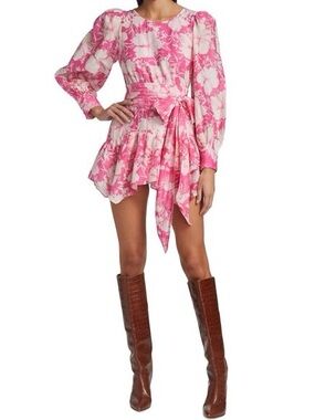 LoveShackFancy Pink Floral Tie-Waist Mini Dress